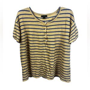 J. Crew Women's Linen Striped‎ Yellow Rolled Sleeve Henley Tee- Size XL